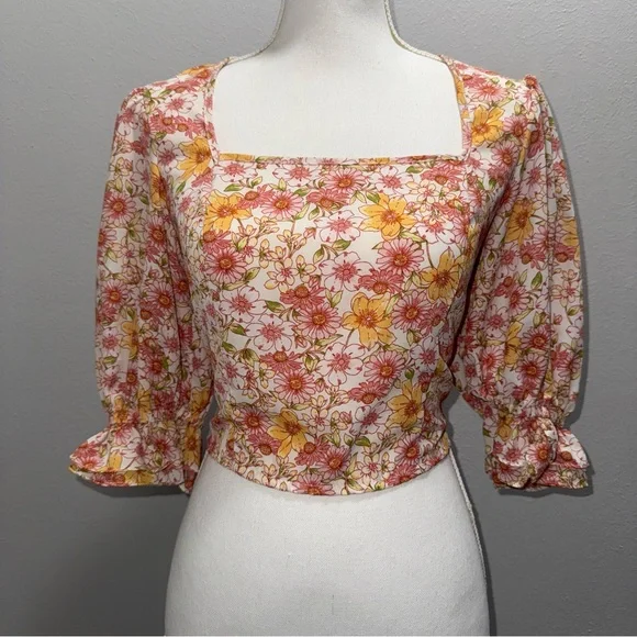 Sienna Sky Women’s Small Blouse Floral Yellow Pink White Top Shirt Boho Garden - Picture 1 of 10